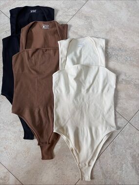 Ribbed Square-Neck Bodysuit - Black, Brown, Cream